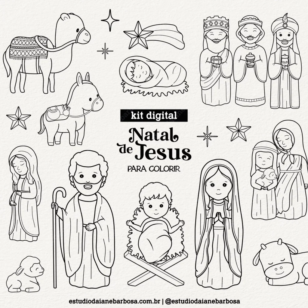 Kit Digital Natal de Jesus – Para colorir – Cliparts em aquarela - Imagem 1