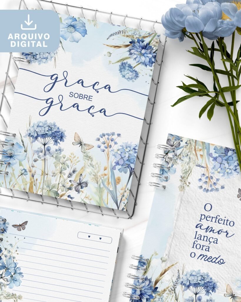 kit 4 Capas e Miolo Caderno Pautado Decorado Coleção Blue (Bicho Papel) - Imagem 1