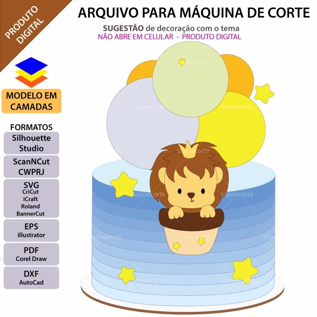 Topo de Bolo - Leãozinho balão - Arquivo Silhouette - Imagem 1