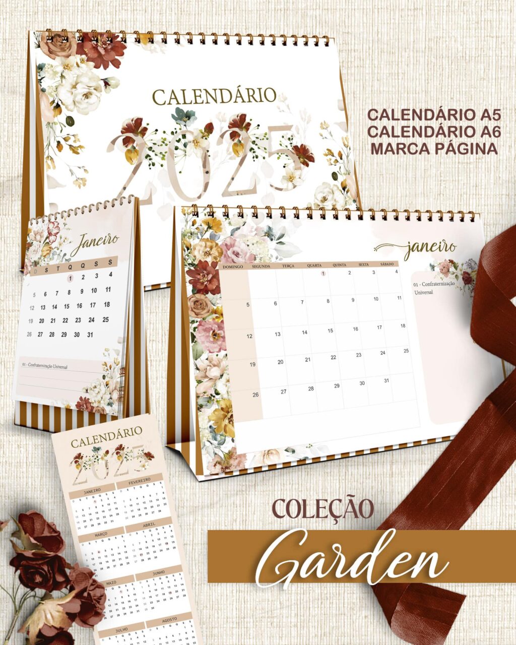 Kit Calendários de Mesa A5 A6 e Calendário Marca Página - Coleção Garden (Bicho Papel) - Imagem 1