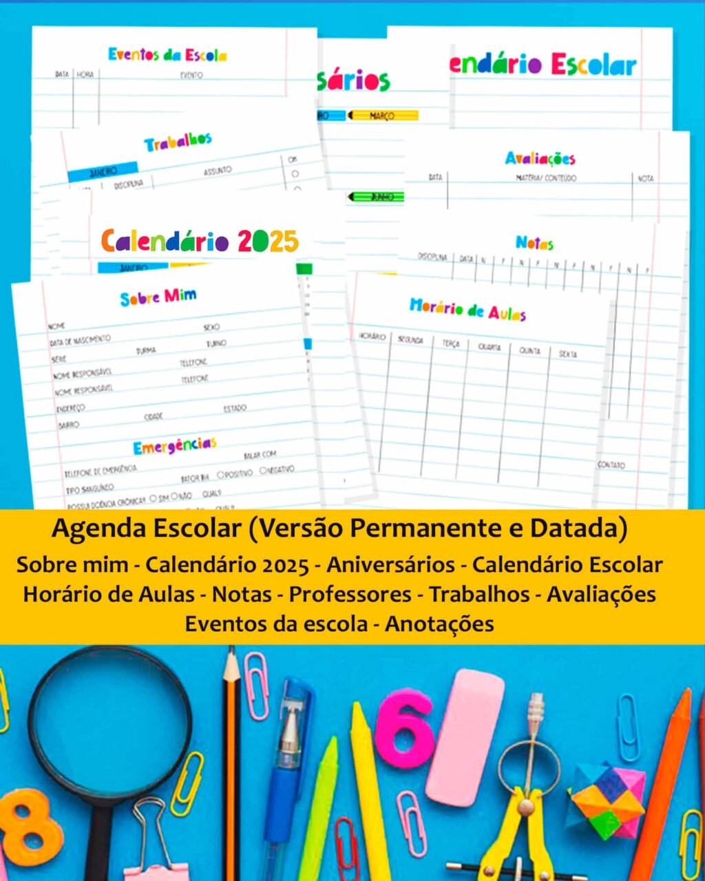 COMBO 13 Capas e 4 Miolos Agenda Escolar Permanente e Datada 2025 (Bicho Papel) - Imagem 8