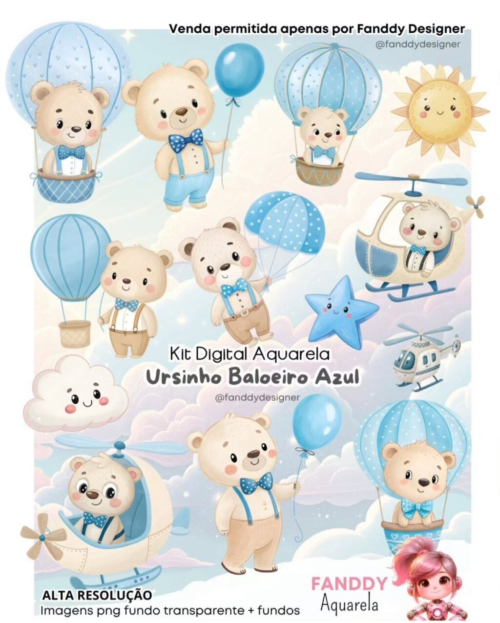 Ursinho Baloeiro Aquarela - Kit Digital - Imagem 1