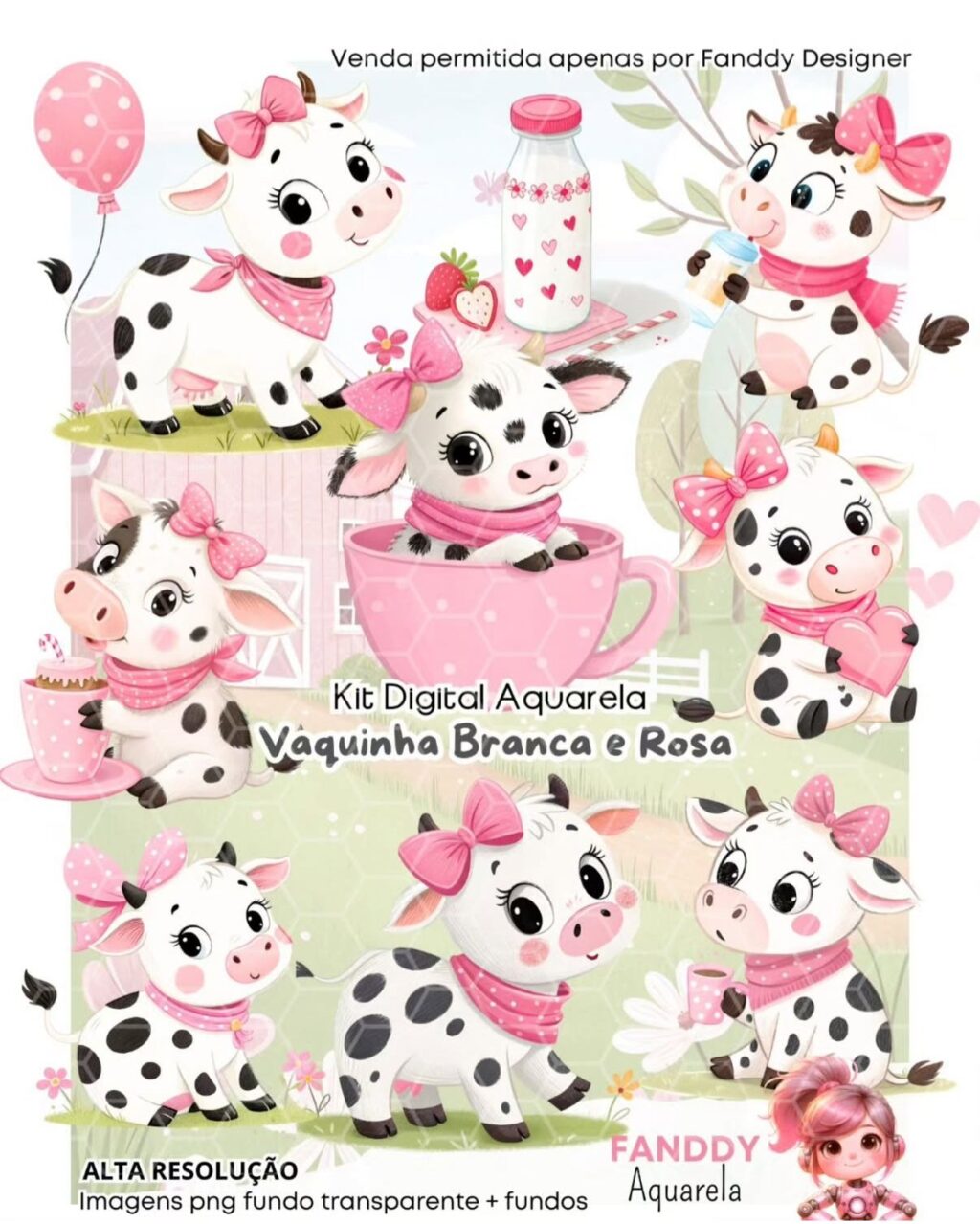 Vaquinha Branca e Rosa Aquarela - Kit Digital - Imagem 1