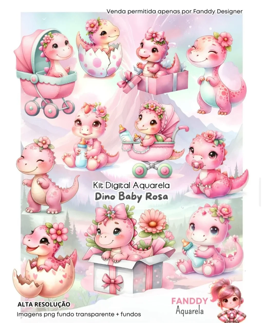 Dino Baby Rosa Aquarela - Kit Digital - Imagem 1