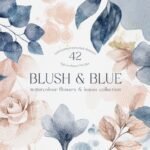 Flores com folhas azuis e blush - Kit Digital
