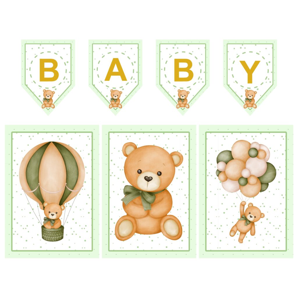 Chá de Bebê Ursinho Verde - Kit Bandeirola + Banners - Imagem 1