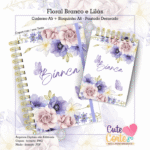 Caderno Pautado A5 + Bloquinho A6 – Flores Branco e Lilás