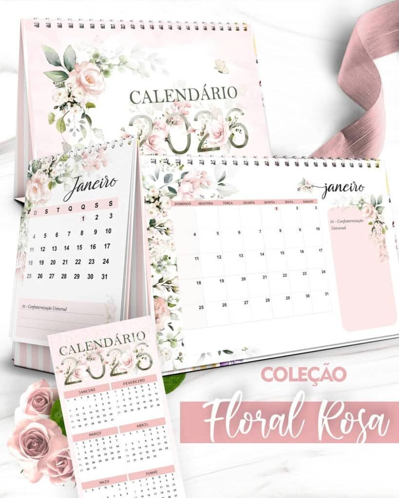 Kit Calendários 2026 Coleção Floral Rosa (Bicho Papel) - Imagem 1