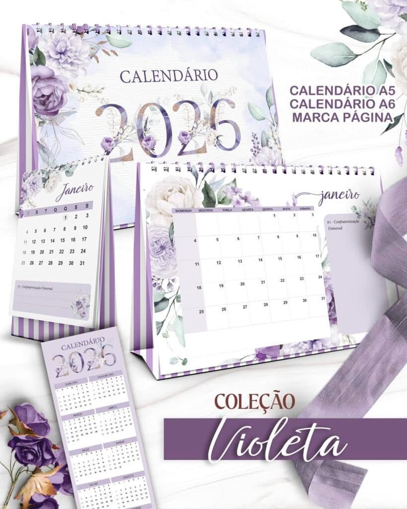 Kit Calendários de Mesa 2026 A5 A6 e Calendário Marca Página Coleção Violeta (Bicho Papel) - Imagem 1