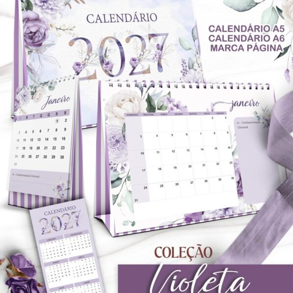 Kit Calendários de Mesa 2027 A5 A6 e Calendário Marca Página Coleção Violeta