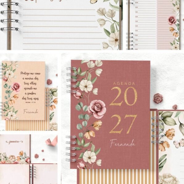 COMBO 6 Agendas 2027 e Permanente COM e SEM HORÁRIOS Floral Romântico (Bicho Papel)