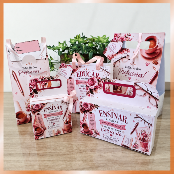 Kit 5 Embalagens presente em tons rosa – Dia dos professores