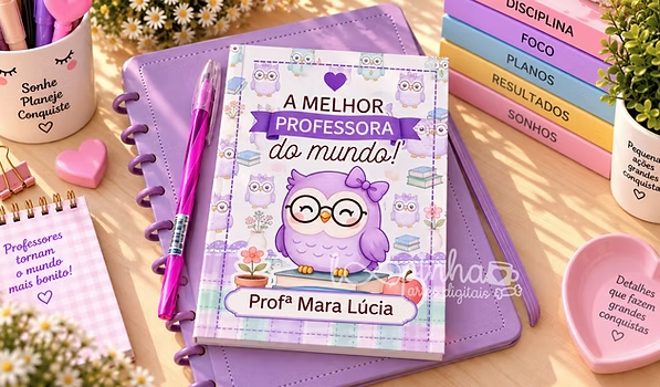 Capa e folhas caderno A5 estilo brochura Corujinhas – Dia dos Professores 2026