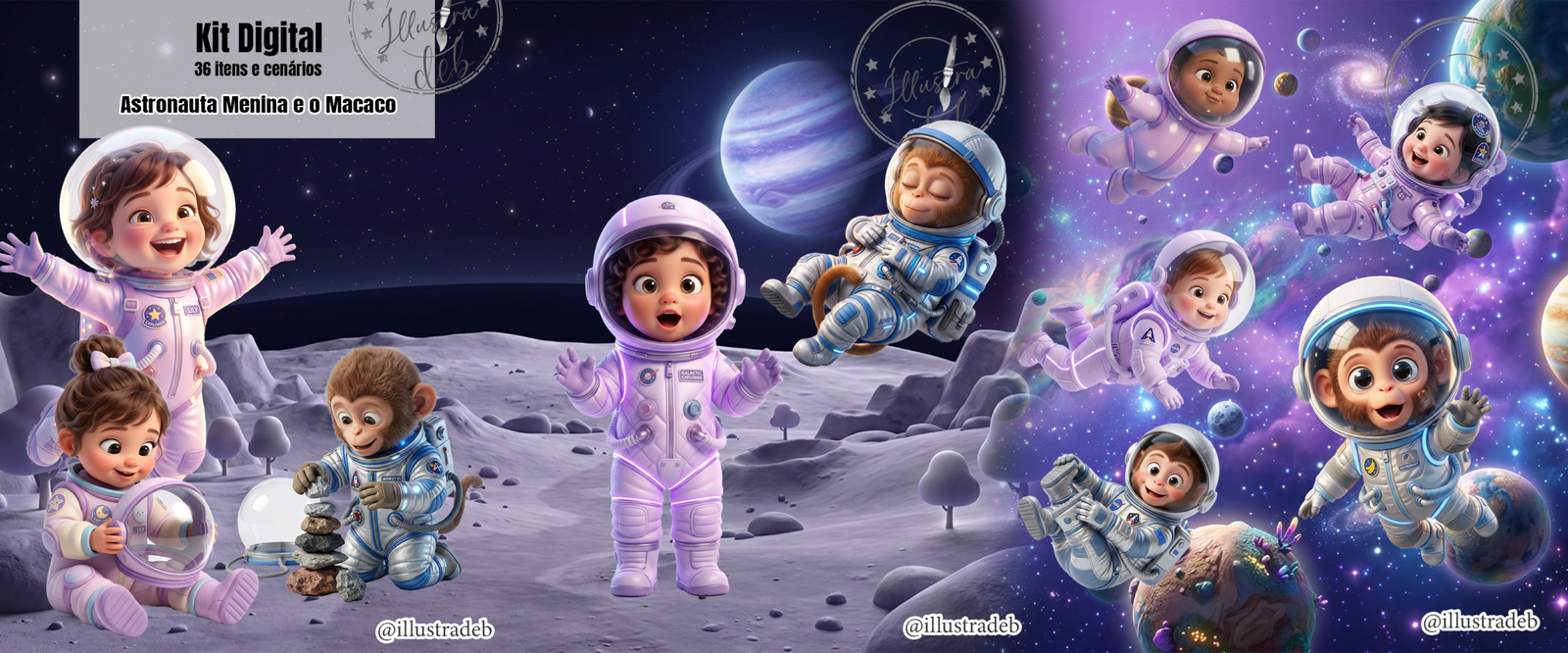 Astronauta Menina e o Macaco - Kit Digital - Imagem 1