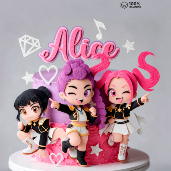 K-pop Meninas Popstar Anime 3D – Topo de Bolo