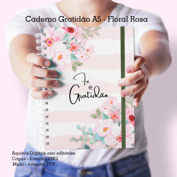 Gratidão Floral Rosa – Caderno Pautado A5 + Bloquinho A6