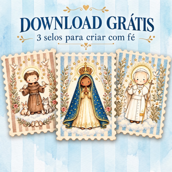 FREEBIE – Kit 3 Selos Santinhos de Outubro — Nossa Senhora Aparecida, São Francisco e São João Paulo II
