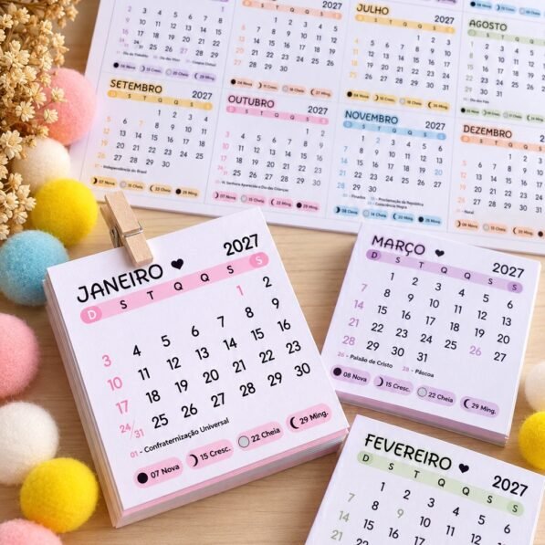 Bloco Miolo Calendário de Geladeira 2027 – Modelo Fofo Cores pastéis