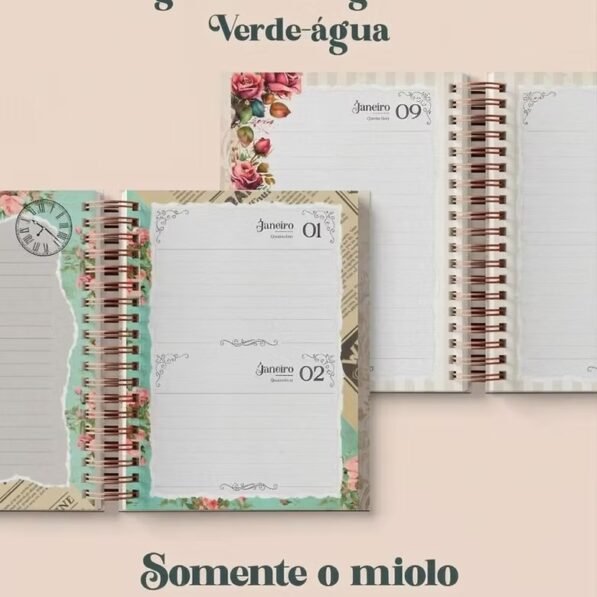 Agenda Vintage Verde-Água 2027 Wire-o (Perfeito Miolo)