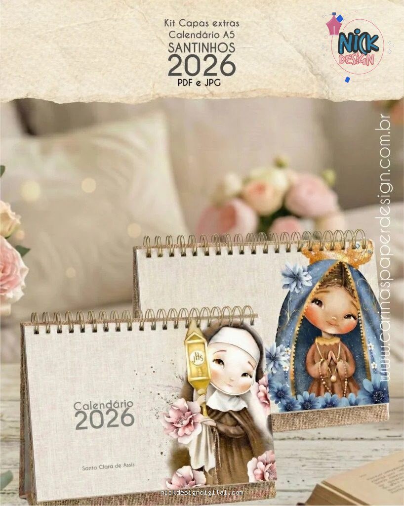 Kit extra com 12 Capas para calendário de mesa A5 2026 santinhos PDF (Carinas Paper)