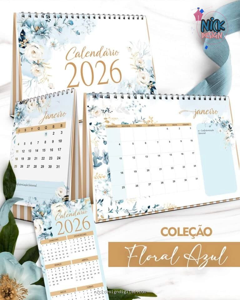 Kit Calendários 2026 Coleção Floral Azul (Bicho Papel)