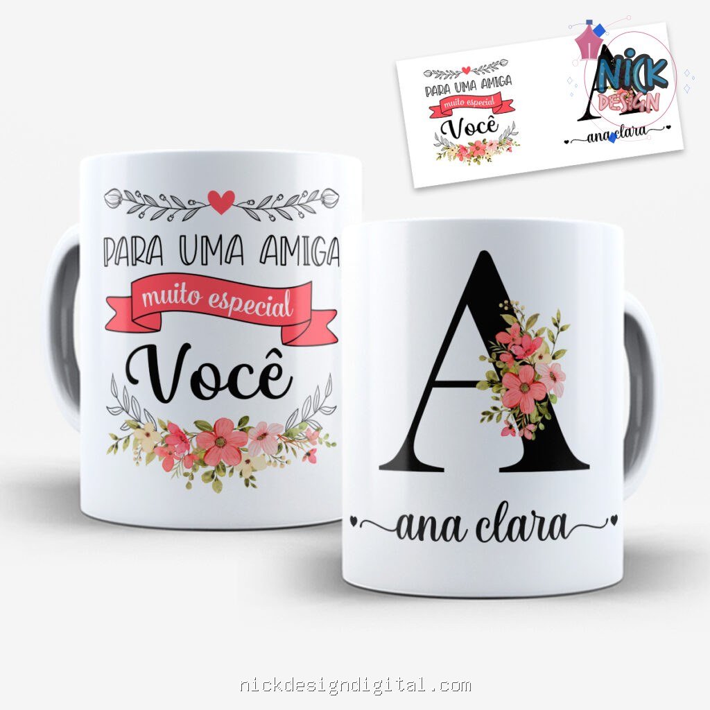 Arte para Caneca Amigas Alfabeto Floral - Imagem 1