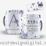 Arte para Caneca Alfabeto Floral Lilás