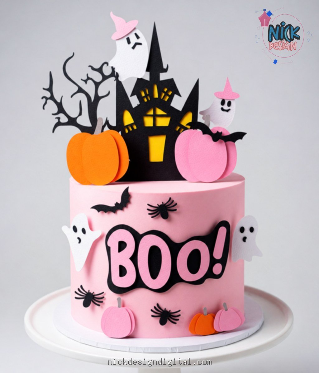 Halloween Rosa Boo Mesversário 3D - Topo de Bolo - Imagem 1
