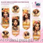 Combo Marca Páginas e Tag - Black Girls Flower Watercolor (Jana Bicalho)