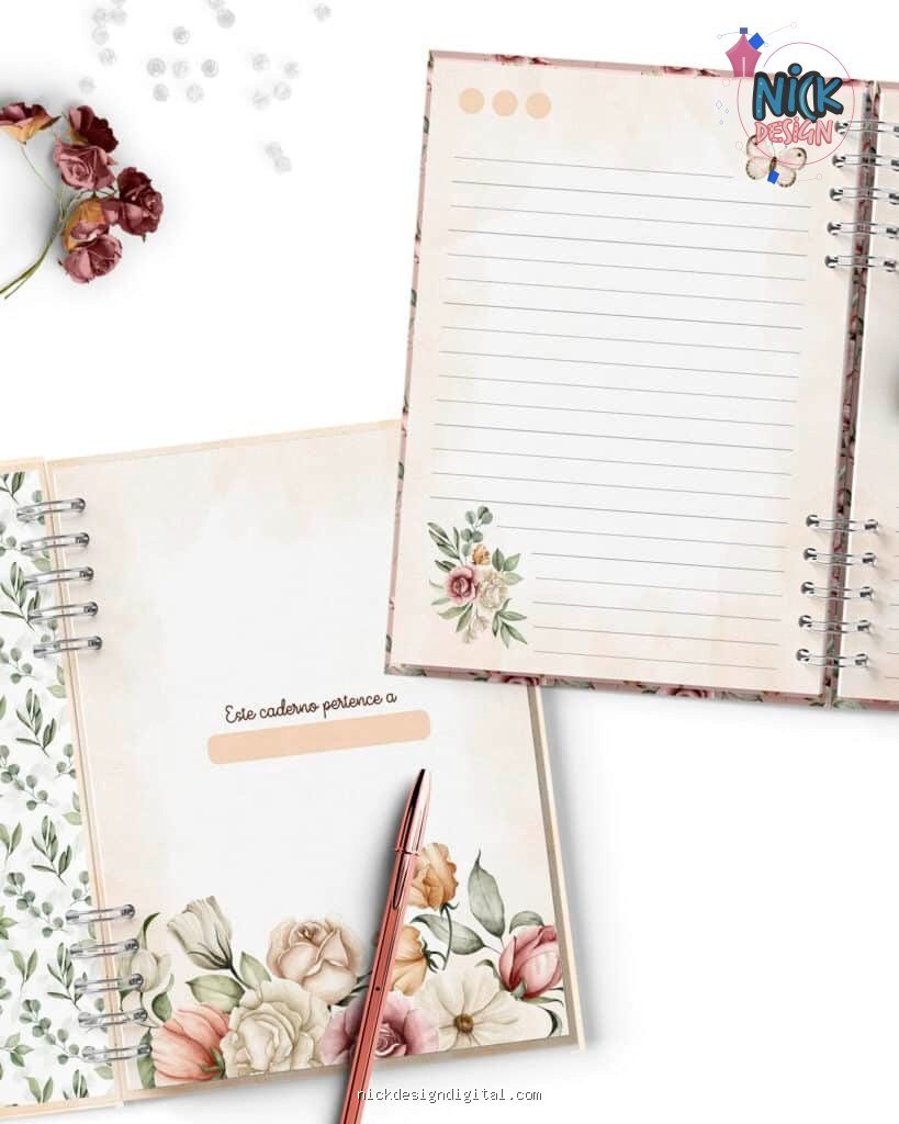 Kit 7 Capas e Miolo Pautado Coleção Floral Romântico (Bicho Papel)