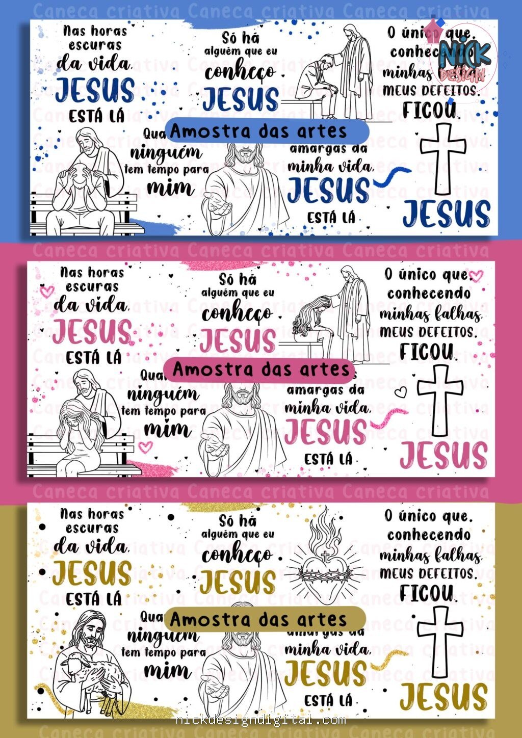 Jesus tá lá 03 versões – Unisex, Feminina, Masculina (Dourada, Rosa, Azul) - Arte Avulsa Caneca - Imagem 4