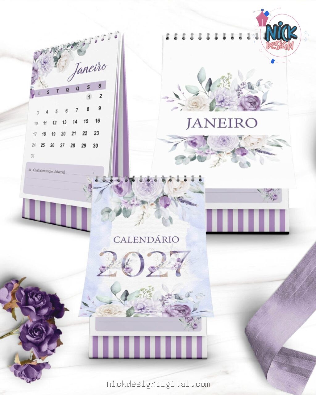 Kit Calendários de Mesa 2027 A5 A6 e Calendário Marca Página Coleção Violeta - Imagem 4
