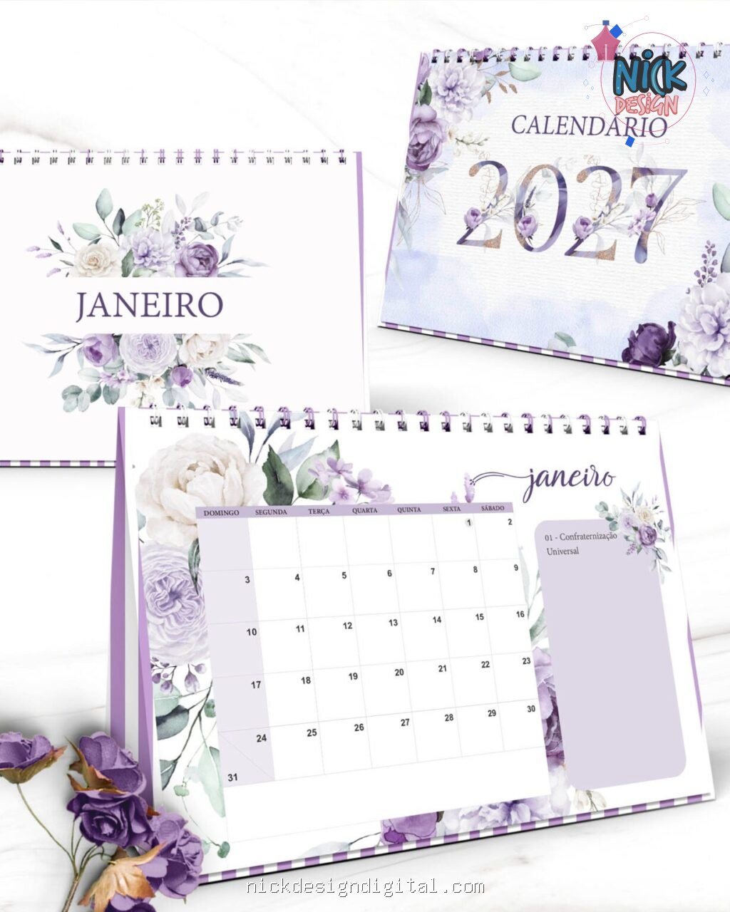 Kit Calendários de Mesa 2027 A5 A6 e Calendário Marca Página Coleção Violeta - Imagem 3