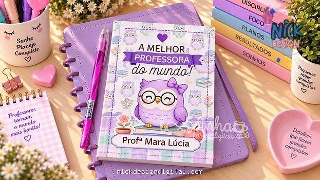 Capa e folhas caderno A5 estilo brochura Corujinhas - Dia dos Professores 2026 - Imagem 1
