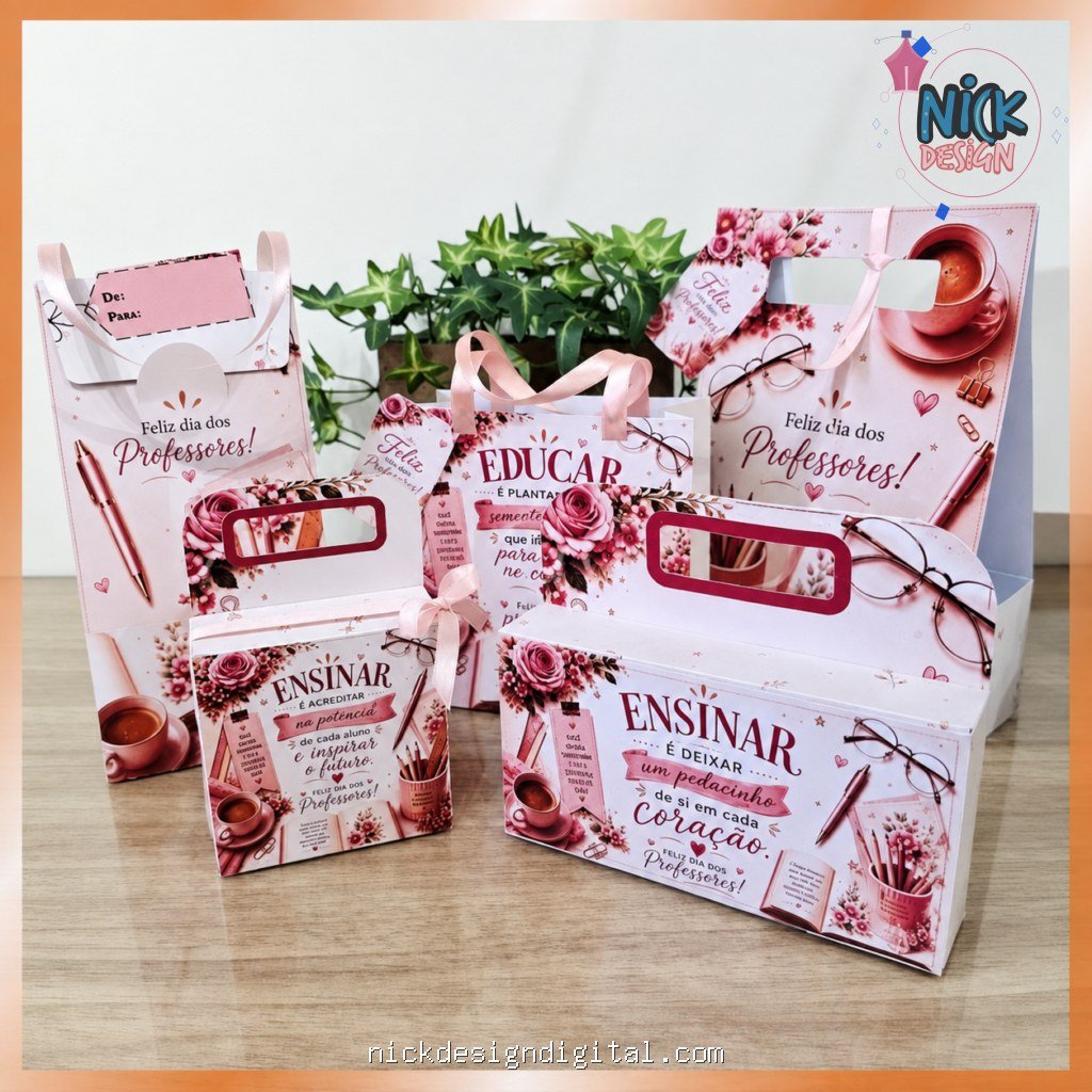 Kit 5 Embalagens presente em tons rosa – Dia dos professores - Imagem 1