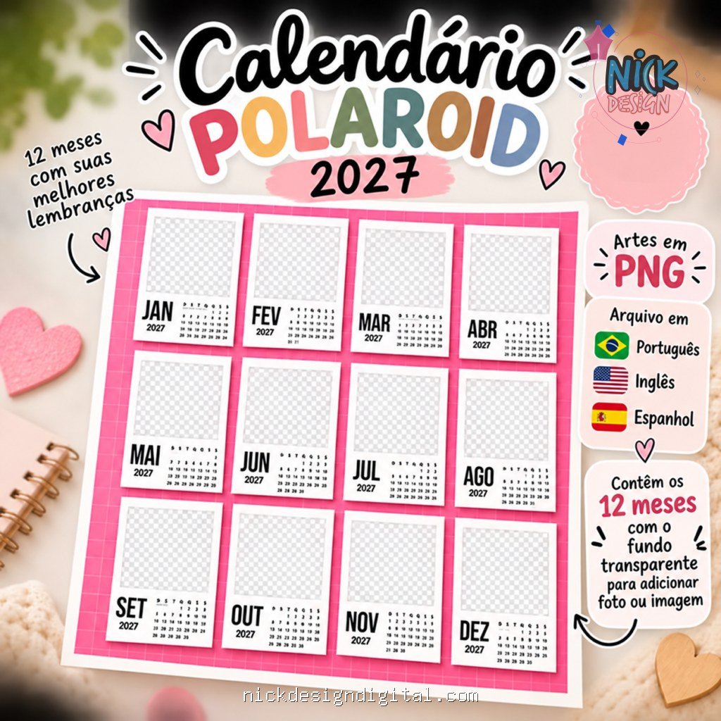 Molduras Calendário Polaroid 2027 (Português, English, Español) - Imagem 2