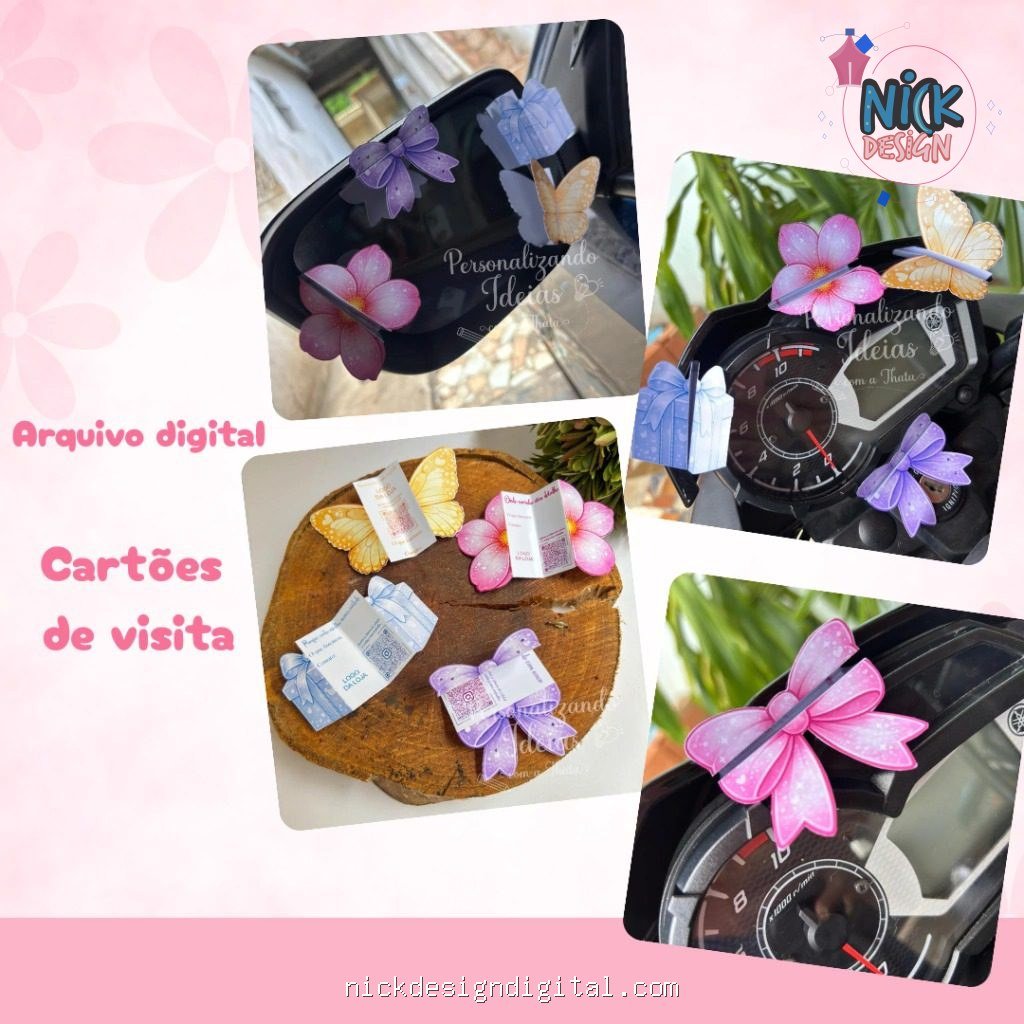 Cards Retrovisor - Borboleta, Flor, Laço e Caixa de presente