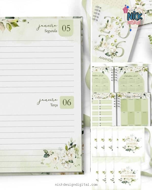 Combo 6 Agendas 2026 e Permanente Floral Rosas Brancas (Bicho Papel)
