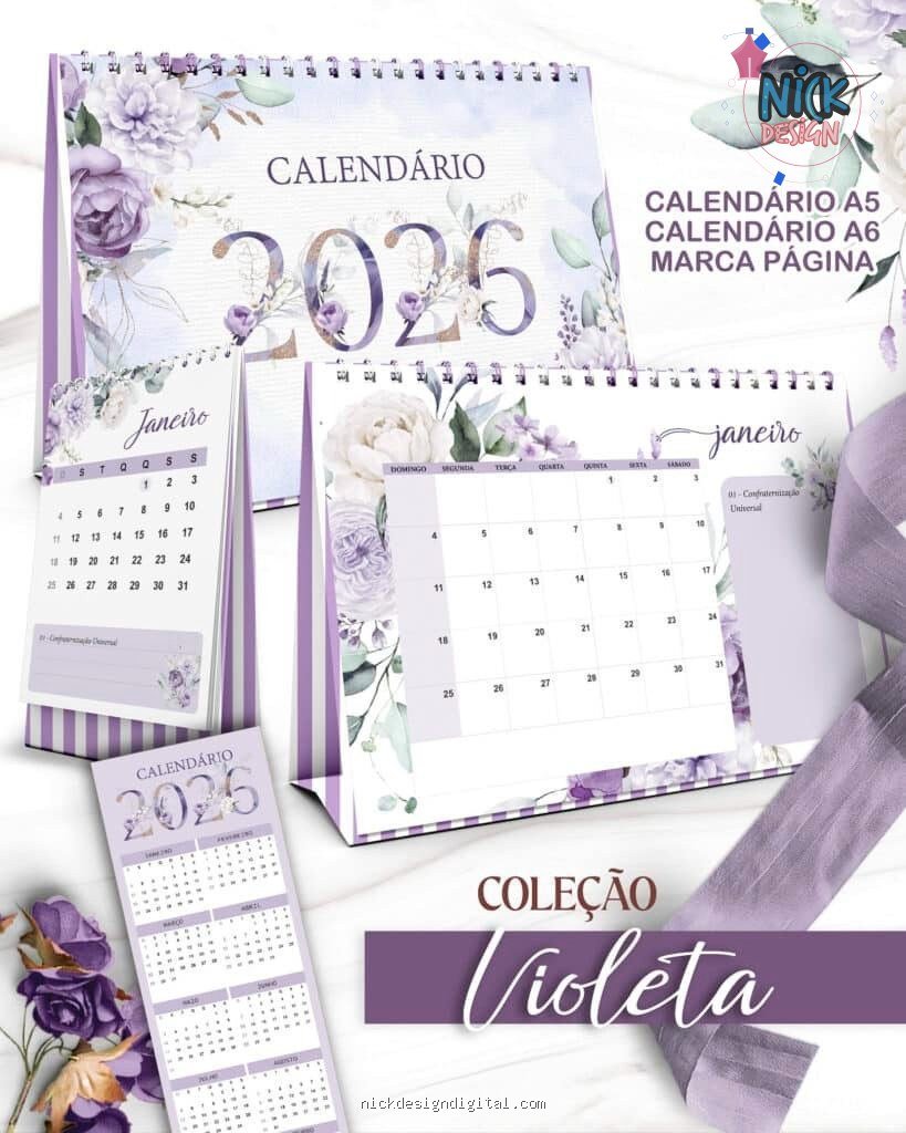Kit Calendários de Mesa 2026 A5 A6 e Calendário Marca Página Coleção Violeta (Bicho Papel)