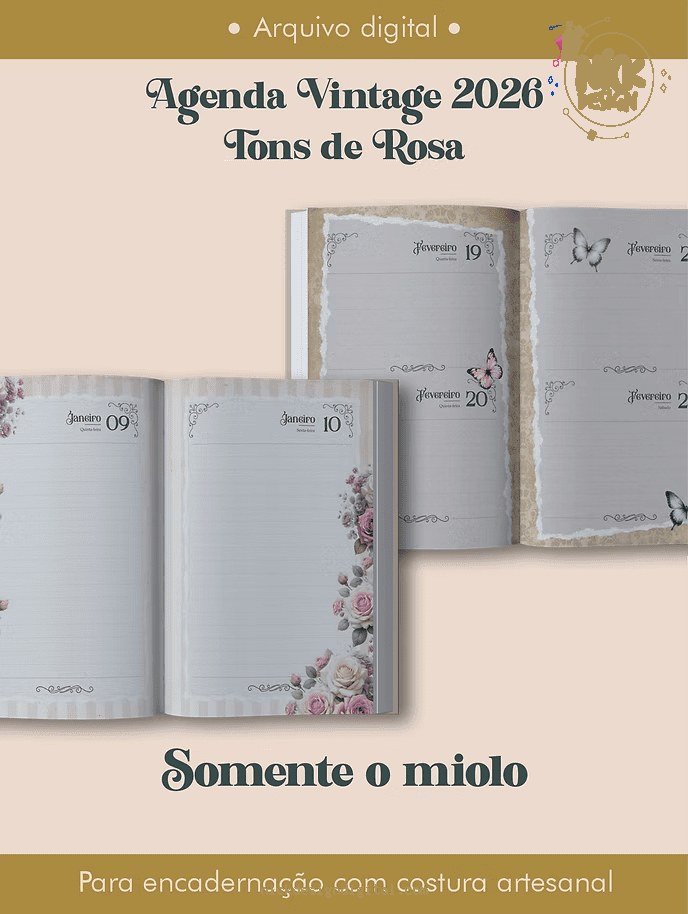 Miolo Agenda Vintage Tons de Rosa 2026 costura (Perfeito Miolo) - Imagem 1