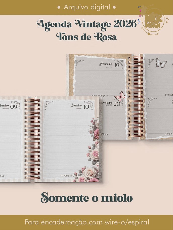 Miolo Agenda Vintage Tons de Rosa 2026 wireo (Perfeito Miolo) - Imagem 1