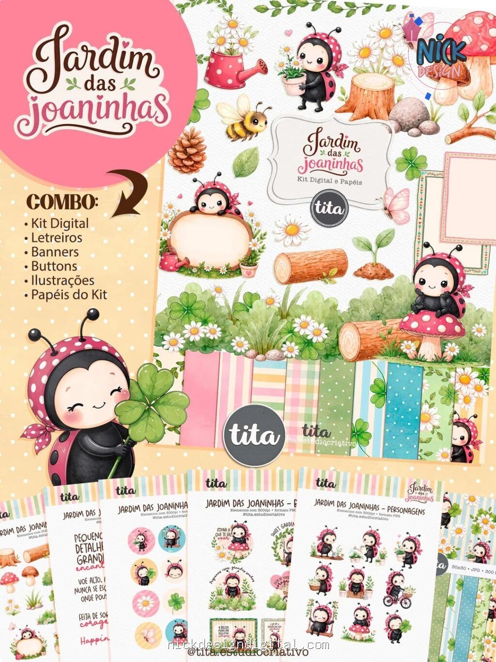 Jardim das Joaninhas - Combo Ilustrações e Papéis (Tita) - Imagem 1