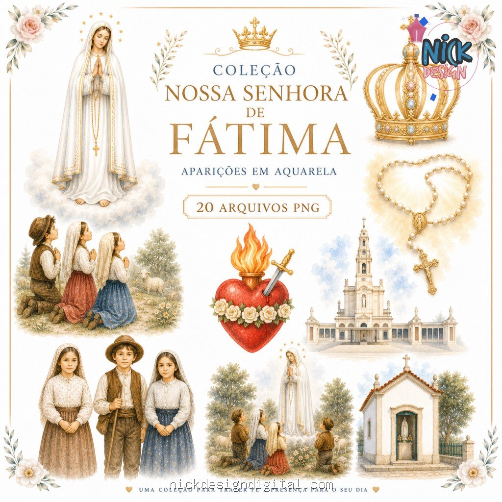 Coleção Nossa Senhora de Fátima – Aparições em Aquarela para Imprimir | 20 Arquivos PNG - Imagem 1