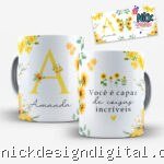 Arte para Caneca Alfabeto Floral Girassol