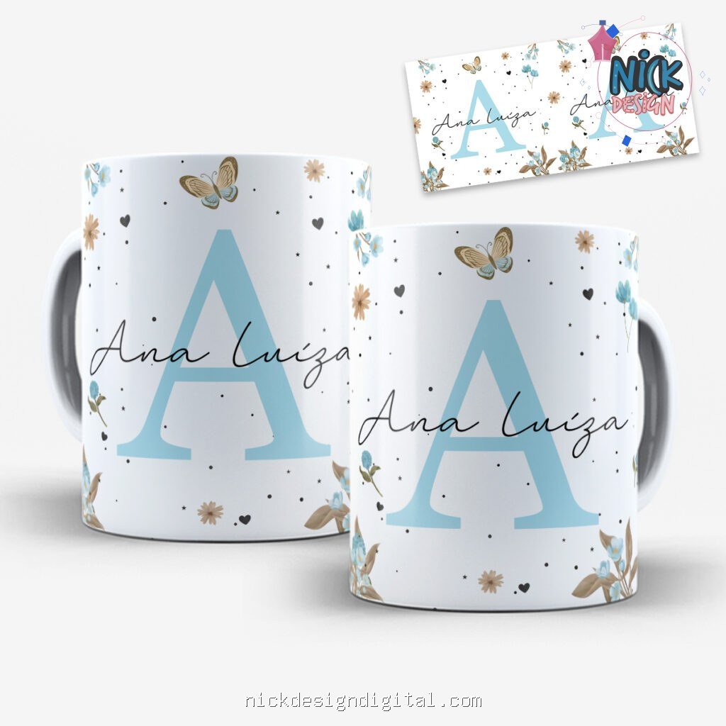 Arte para Caneca Alfabeto Floral Azul - Imagem 1