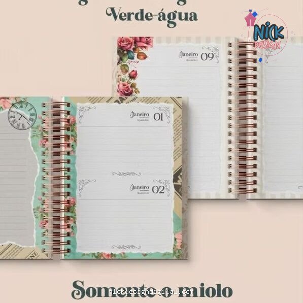 Agenda Vintage Verde-Água 2027 Wire-o (Perfeito Miolo)
