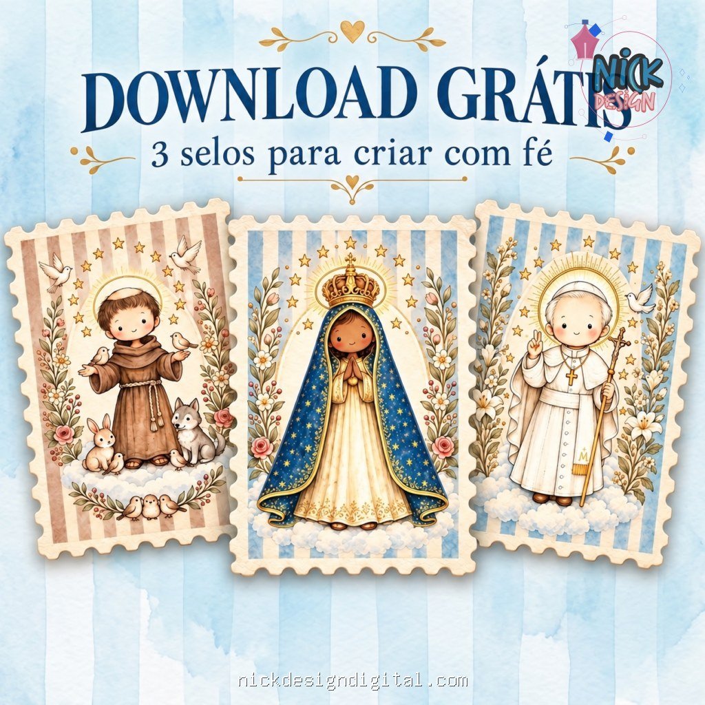 FREEBIE - Kit 3 Selos Santinhos de Outubro — Nossa Senhora Aparecida, São Francisco e São João Paulo II - Imagem 1