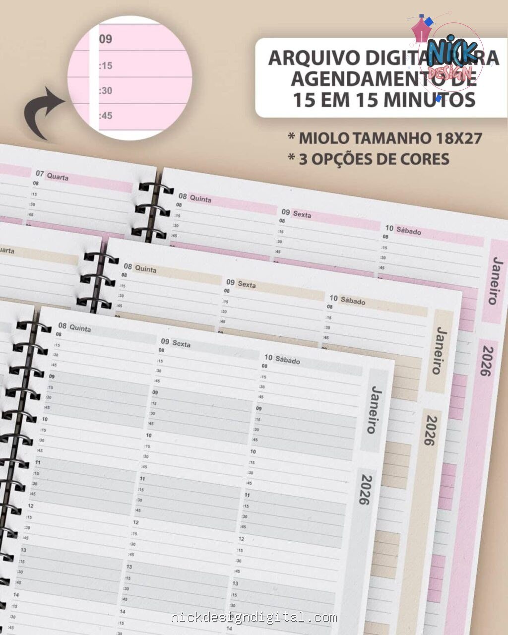 Kit Agendamento Semanal 2026 de 15 em 15 minutos em 3 Cores (Bicho Papel) - Imagem 1