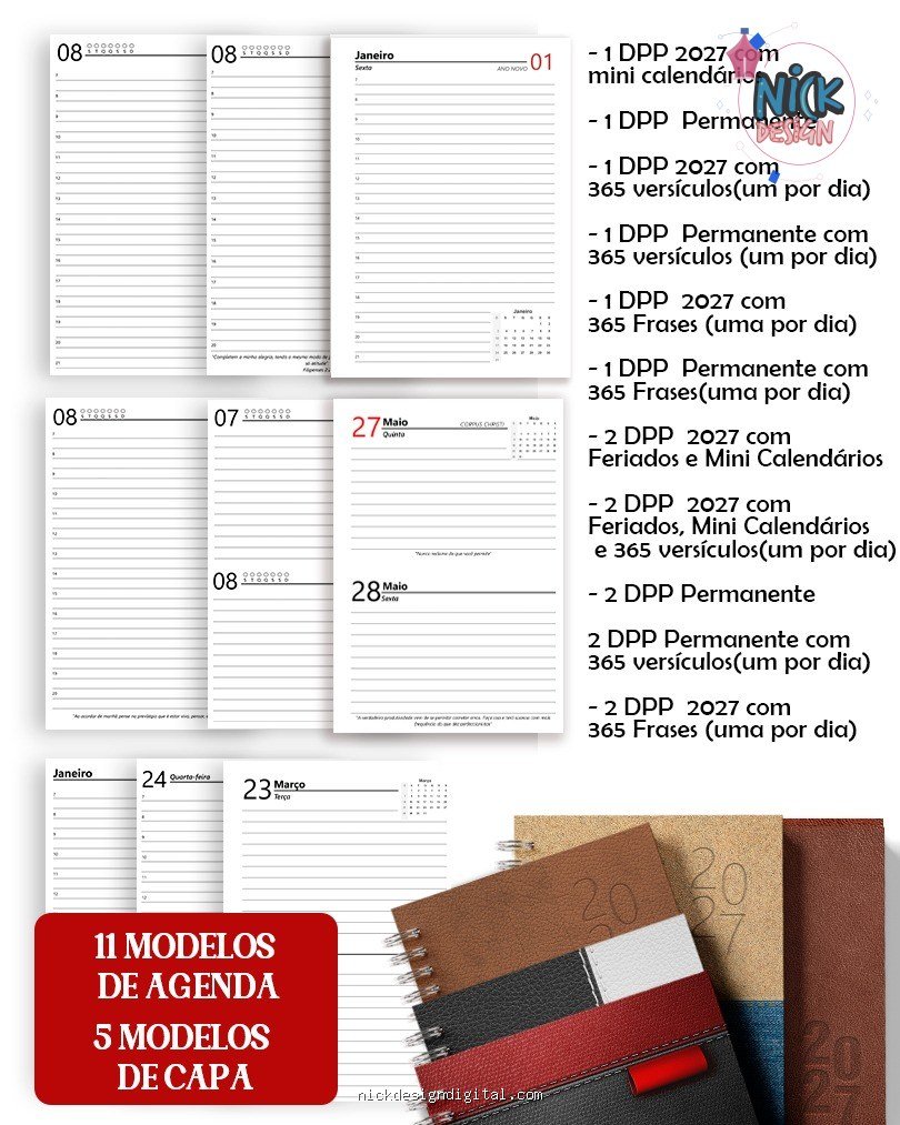Super Combo 11 Agendas 2027 e Permanente Masculina com 5 Modelos de Capa (Bicho Papel) - Imagem 1