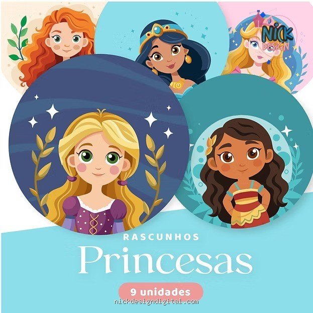 Princesas - Kit 9 rascunhos para pintar/bordar plaquinhas de maternidade - Imagem 1